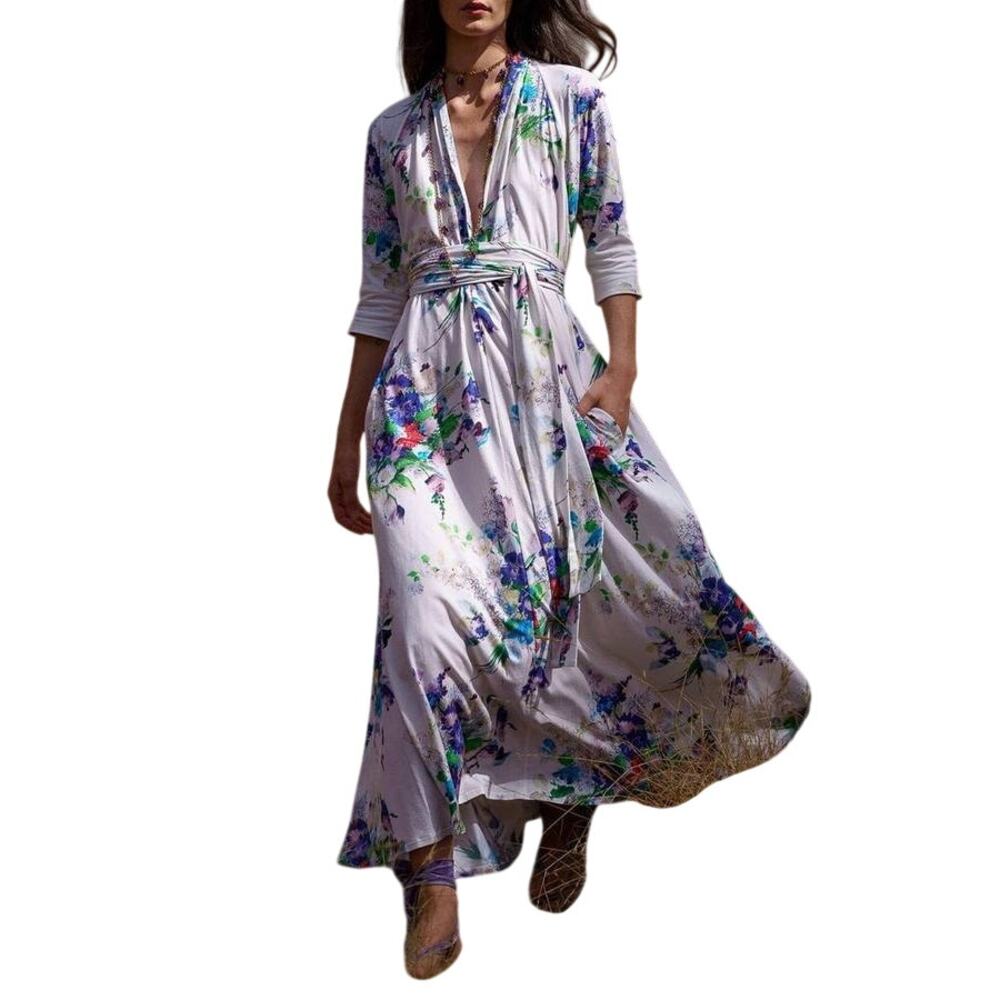 Luisa Beccaria Floral Printed Maxi Shirt Dress in White Multi IT 46 US 10
